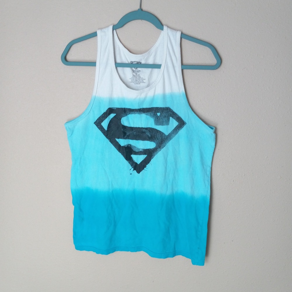 Superman Mens Small Ombre Graphic Tank Top Blue White Dip Dye‎ DC Comics Shield
